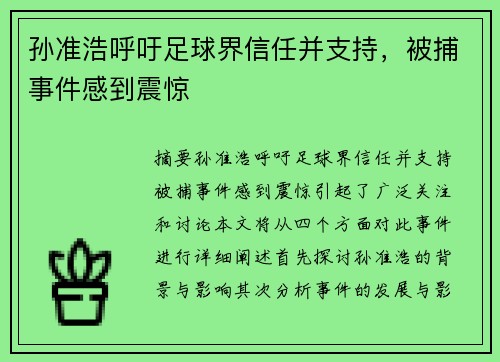 孙准浩呼吁足球界信任并支持，被捕事件感到震惊